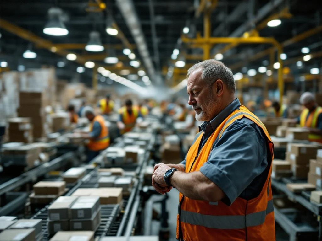 Supervisor controleert tijd terwijl arbeiders in gele hesjes producten assembleren op transportbanden in drukke fabriek