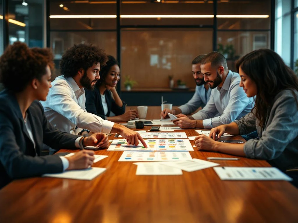 Diverse kantoormedewerkers rond vergadertafel bespreken meertalige communicatiegrafiek met documenten in verschillende talen