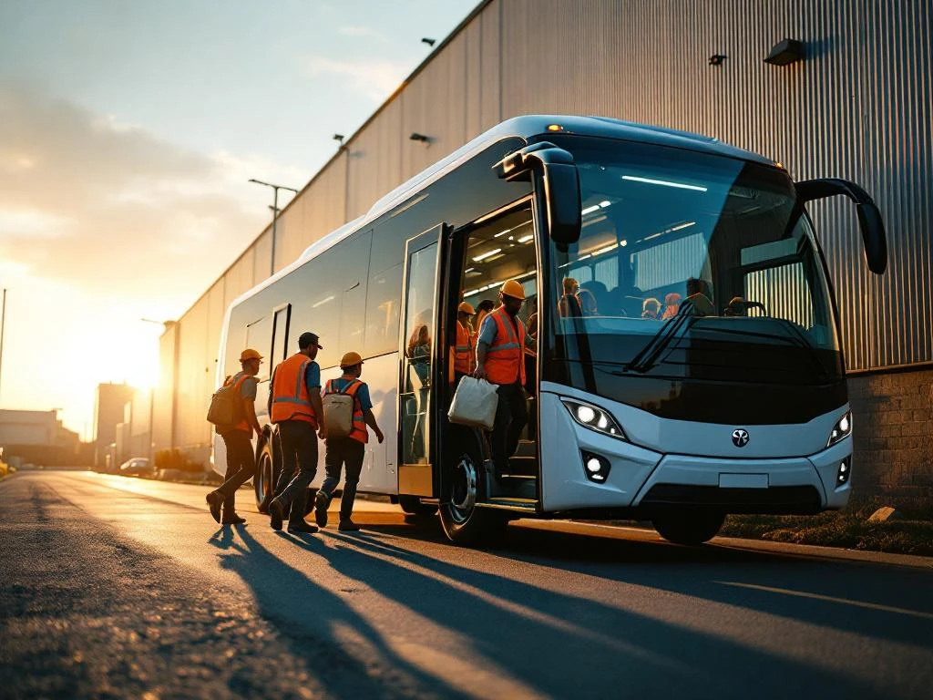 Professionele shuttlebus met arbeidsmigranten die instappen bij industriële faciliteit tijdens gouden ochtendlicht