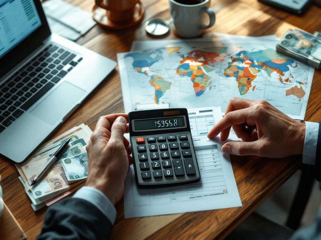 Zakelijke bureauopstelling met rekenmachine, internationale valuta, wereldkaart met migratieroutes en laptop met data