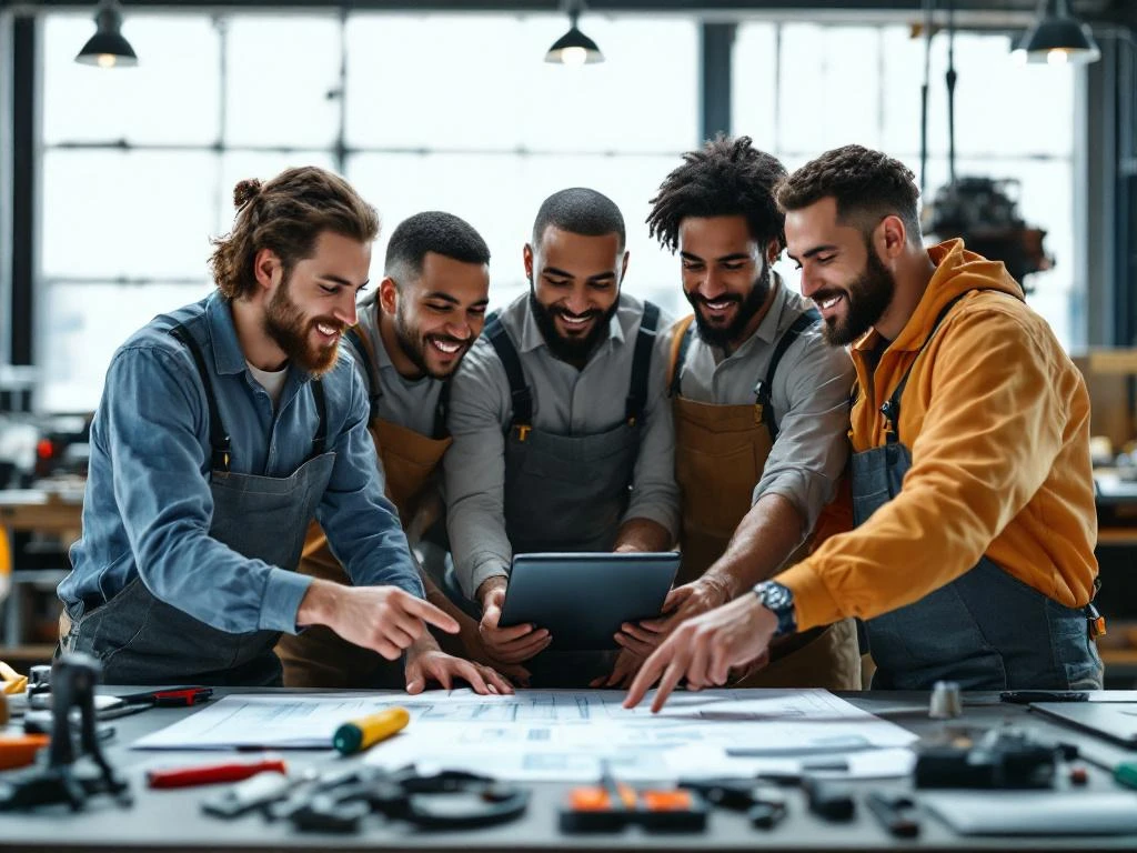Diverse groep vakbekwame arbeiders in uniforms bespreken technische blauwdrukken en tablets op moderne werkplek