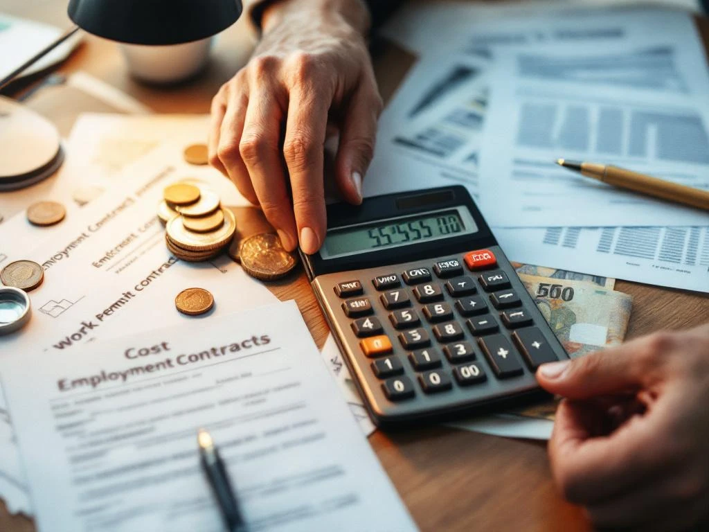 Rekruteerder berekent kosten op calculator met arbeidscontracten en werkvergunningen op bureau