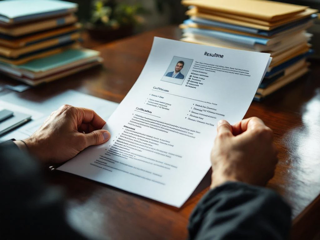 Recruiter bekijkt cv en certificaten op houten bureau met vergrootglas, sollicitatiemappen op achtergrond