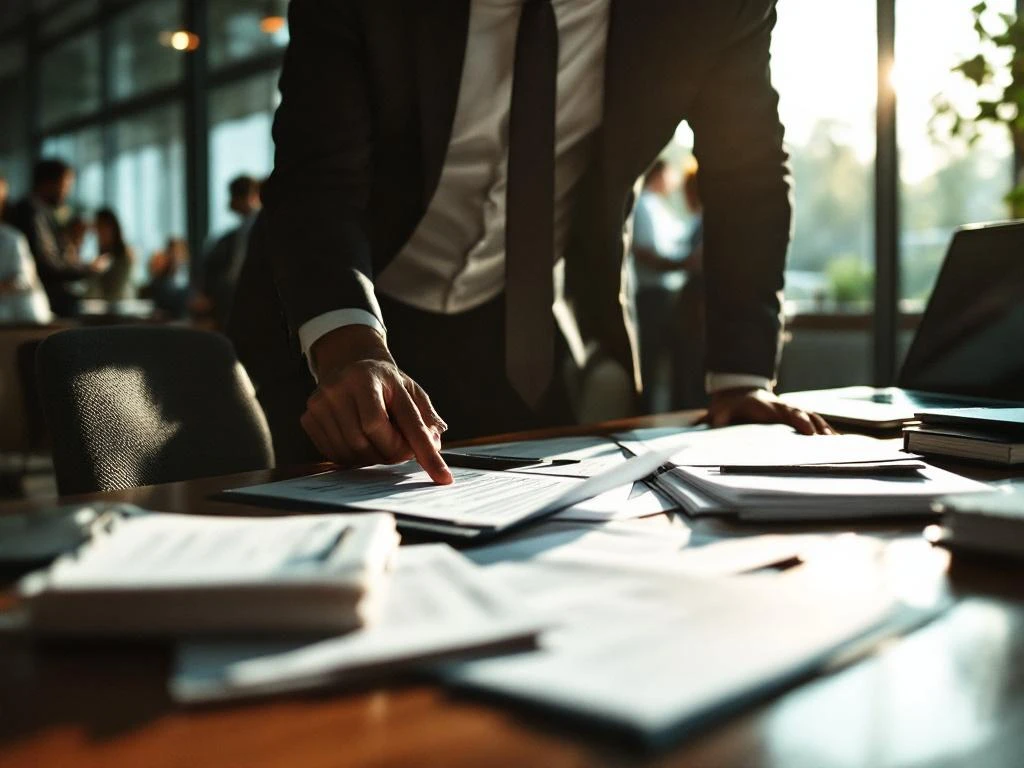 Professionele recruiter in pak beoordeelt cv's aan houten bureau met sollicitanten op achtergrond in kantoor