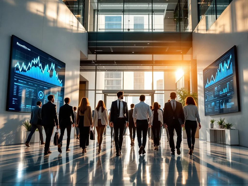 Diverse professionals lopen door moderne glazen kantoorlobby van recruitmentbureau met stijgende grafieken op schermen