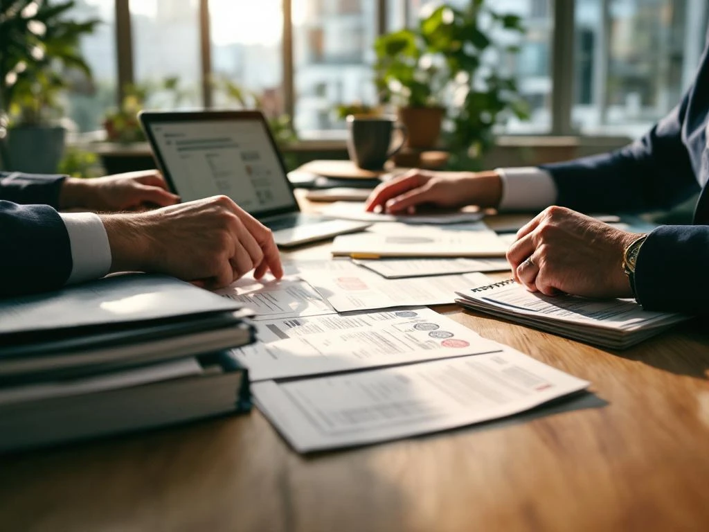 Rekruteringsmedewerker beoordeelt kandidaatdossiers met paspoorten, cv's en immigratiepapieren op kantoorbureau