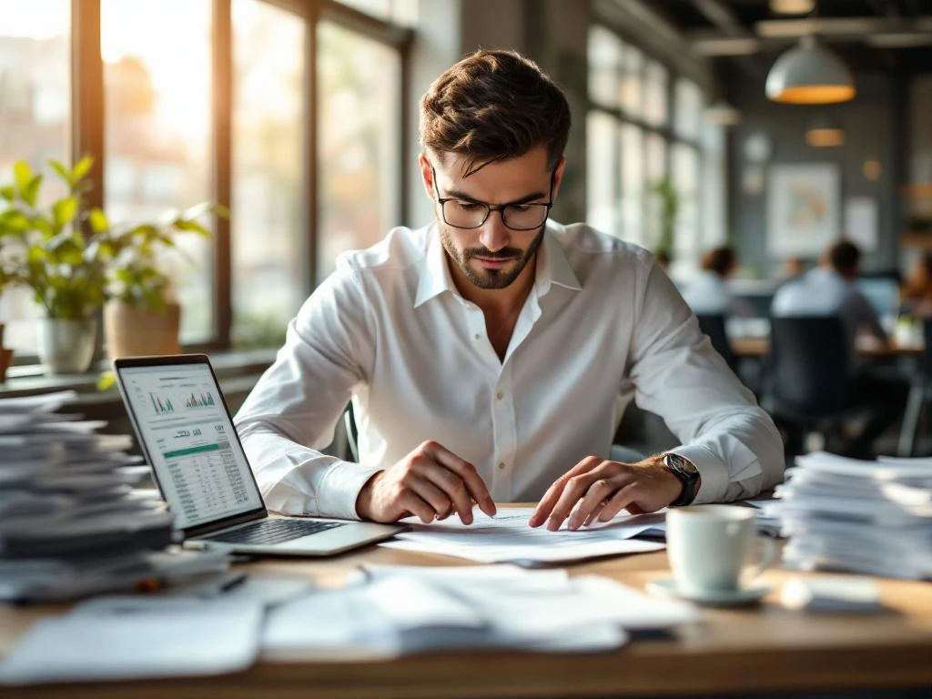 Salarisspecialist in wit overhemd bekijkt personeelsdocumenten aan bureau met laptop in personeelsbureau