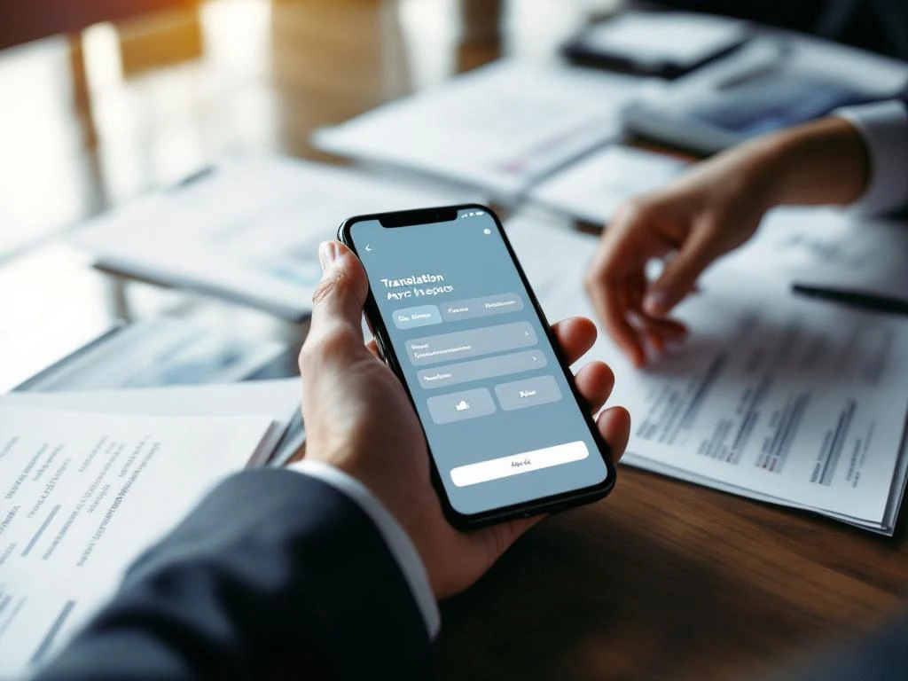 Smartphone met vertaal-app op vergadertafel omringd door internationale documenten, hand reikt naar apparaat