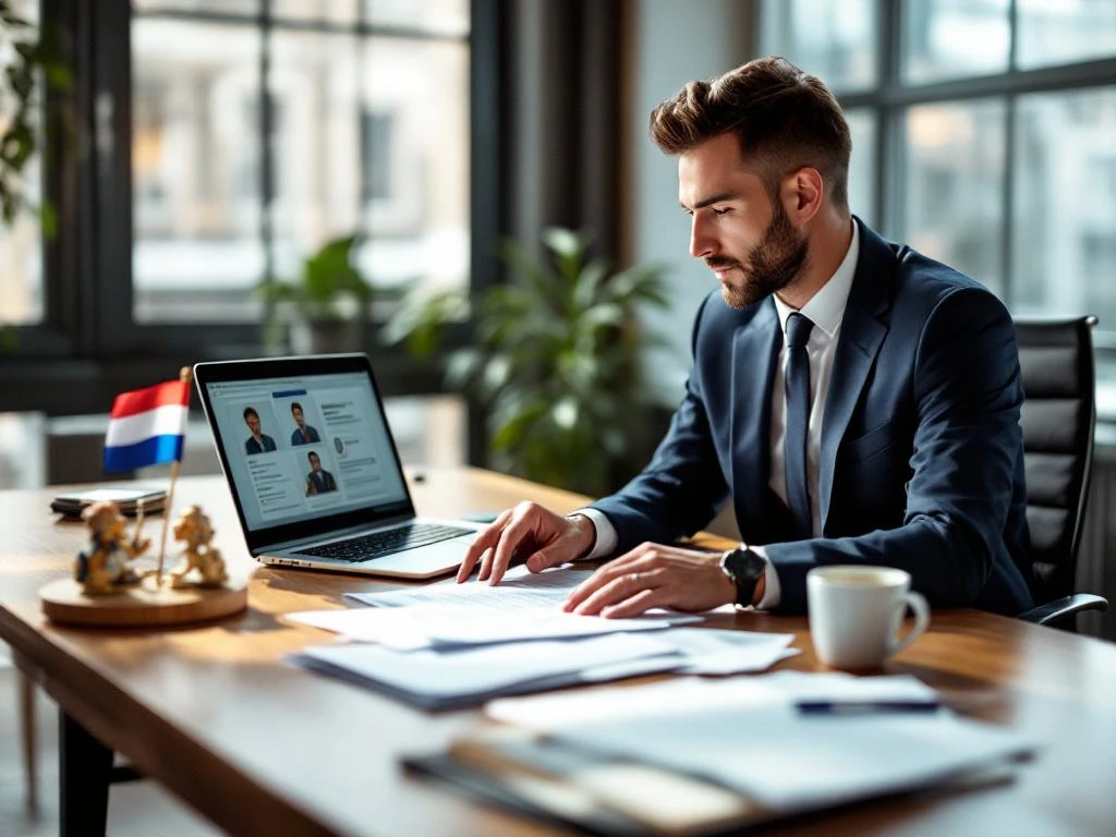 Professionele recruitmentconsultant bekijkt werkvergunningen en contracten op modern kantoor met Nederlandse vlag