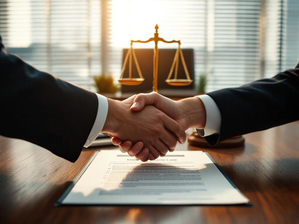 Handdruk tussen recruiter en kandidaat boven juridische documenten met weegschaal op vergadertafel