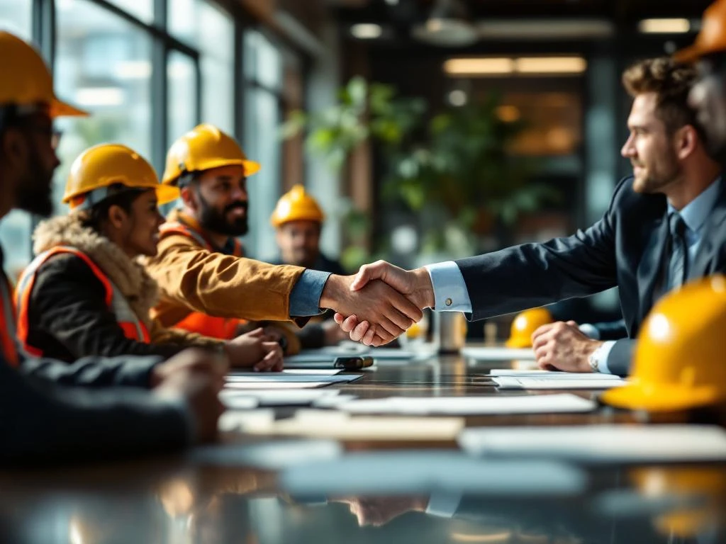Manager schudt handen met diverse internationale werknemers tijdens zakelijke bijeenkomst met contracten op tafel