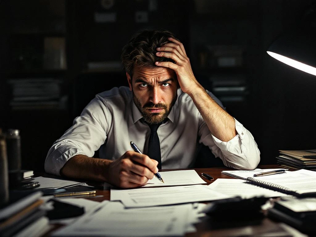 Bezorgde zakenman aan bureau met onbetaalde facturen, calculator en contracten, gestrest gezicht in kantoorverlichting