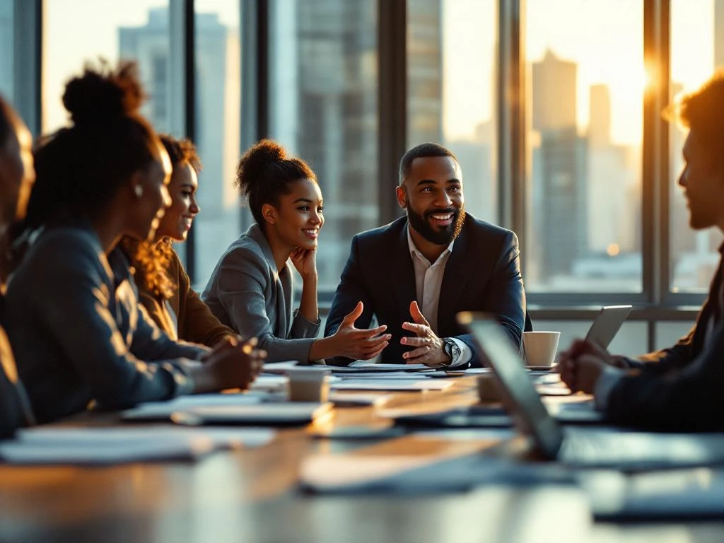 Diverse zakelijke vergadering met zelfverzekerde leider die gebaart terwijl teamleden actief discussiëren aan moderne tafel