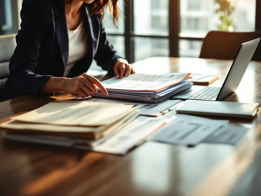 Professionele zakenvrouw bestudeert loonstrookdocumenten aan conferentietafel met laptop en mappen