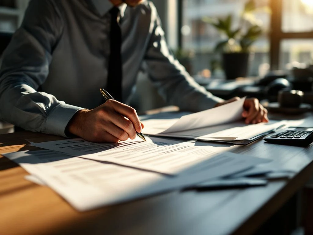Kantoormedewerker in pak bestudeert overheidssubsidieformulieren aan bureau met rekenmachine en pen in natuurlijk licht