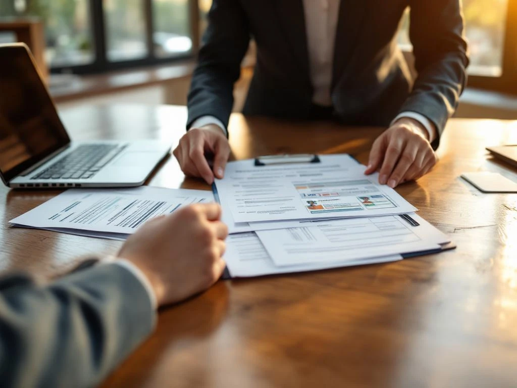 Zakelijke manager beoordeelt personeelsdocumenten en verificatieformulieren aan houten bureau in professioneel kantoor