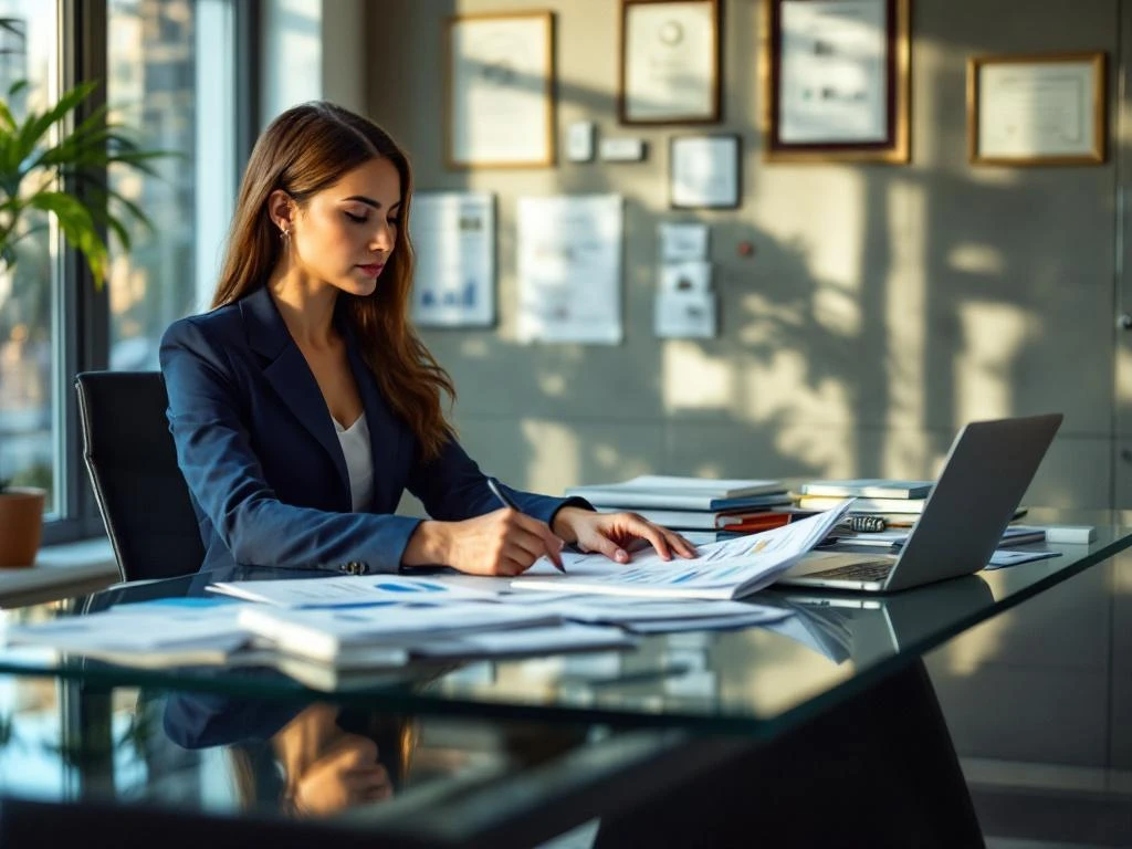 Professionele zakenvrouw in marineblauw jasje bekijkt portfolios aan glazen bureau met laptop en grafieken