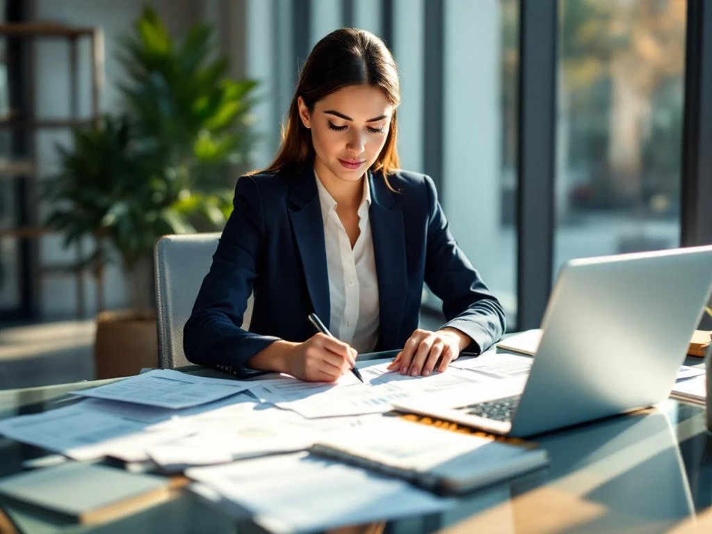 Zakenvrouw bestudeert werving contracten en brochures aan glazen bureau met laptop en evaluatiecriteria notities
