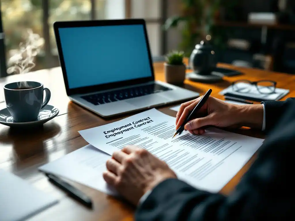 Zakenpersoon bekijkt arbeidscontract op houten bureau met laptop, koffie en bril in kantoor met natuurlijk licht