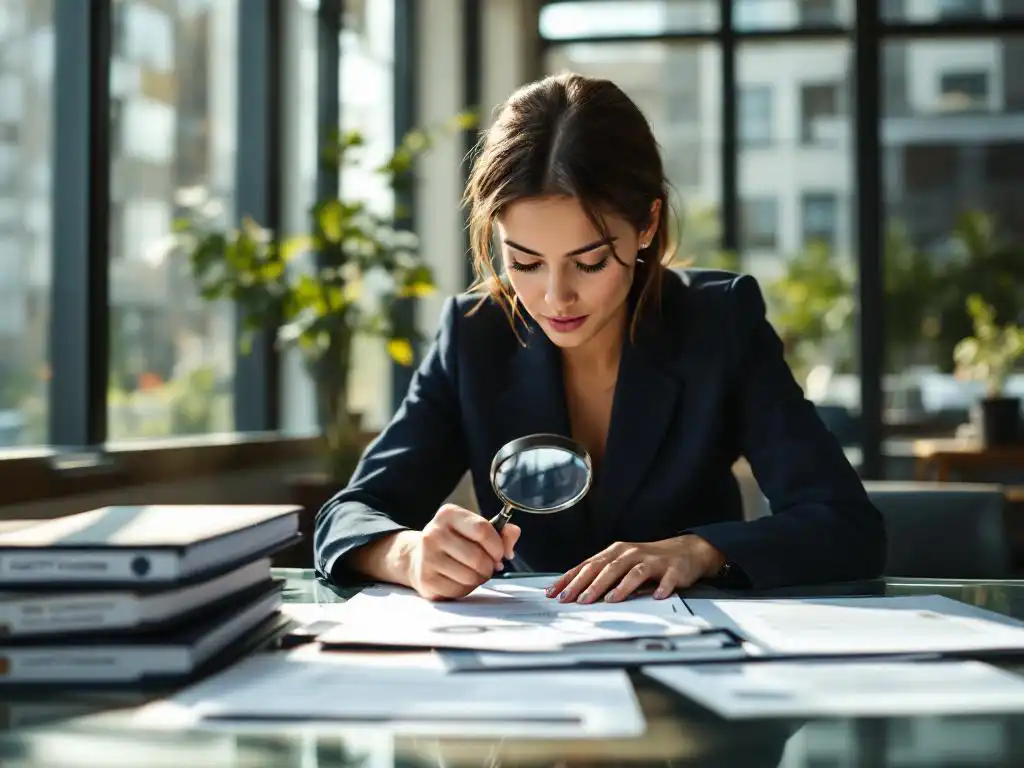 Zakenvrouw onderzoekt certificeringsdocumenten met vergrootglas op modern glazen bureau in professioneel kantoor