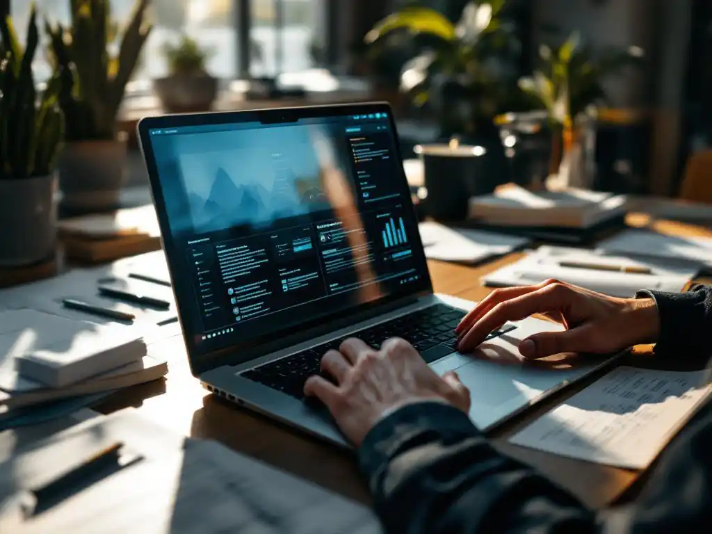 Recruiter typt op laptop met digitale workflow terwijl papieren cv's en mappen op bureau liggen in modern kantoor
