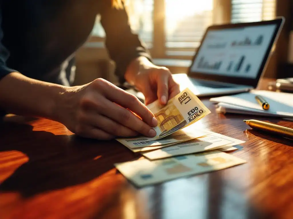 Zakenvrouw telt eurobiljetten op bureau naast laptop met financiële spreadsheets en documenten