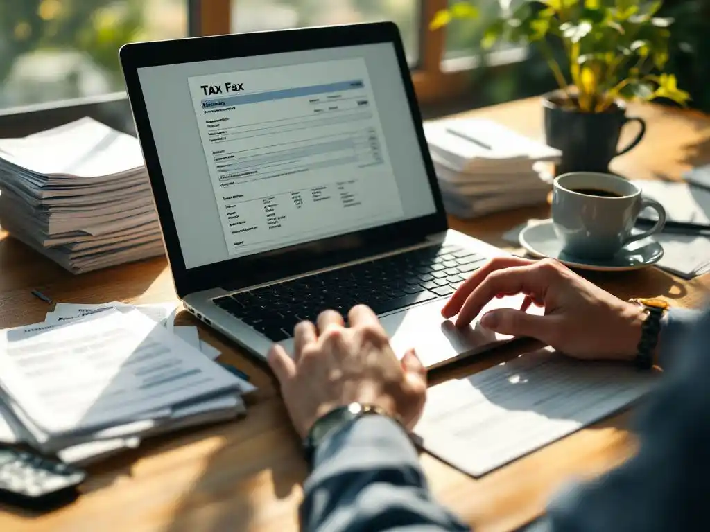 Freelancer werkt aan belastingformulier op laptop met bonnetjes, facturen en rekenmachine op georganiseerd houten bureau