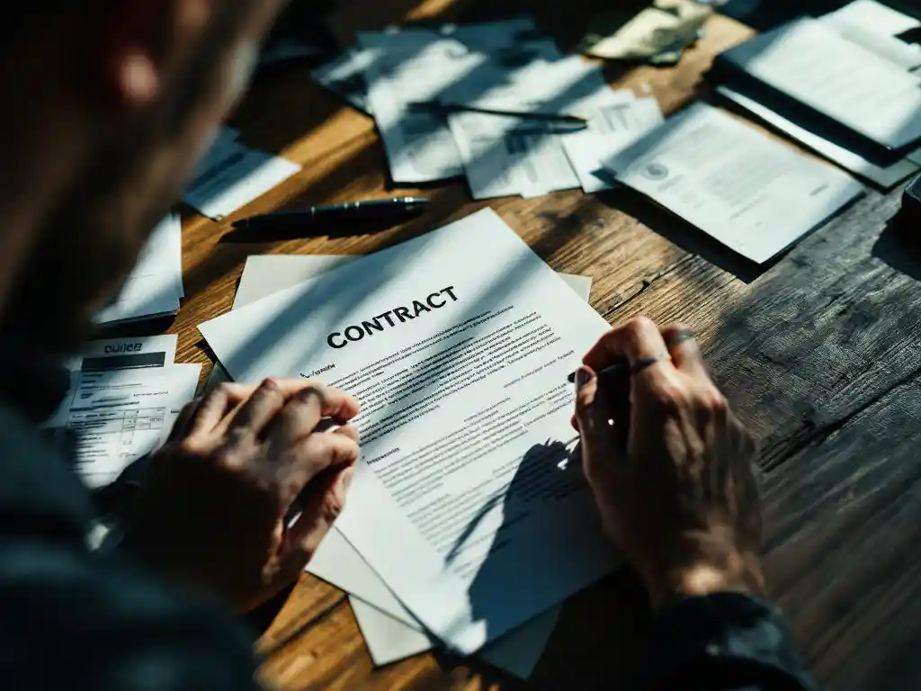 Freelancer aarzelt over ongetekend contract op bureau, met onbetaalde rekeningen en pen ernaast in dramatisch licht