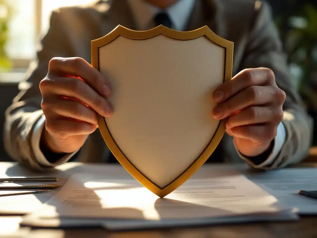 Freelancer houdt schild van juridische documenten vast aan bureau met laptop met overheidsrichtlijnen
