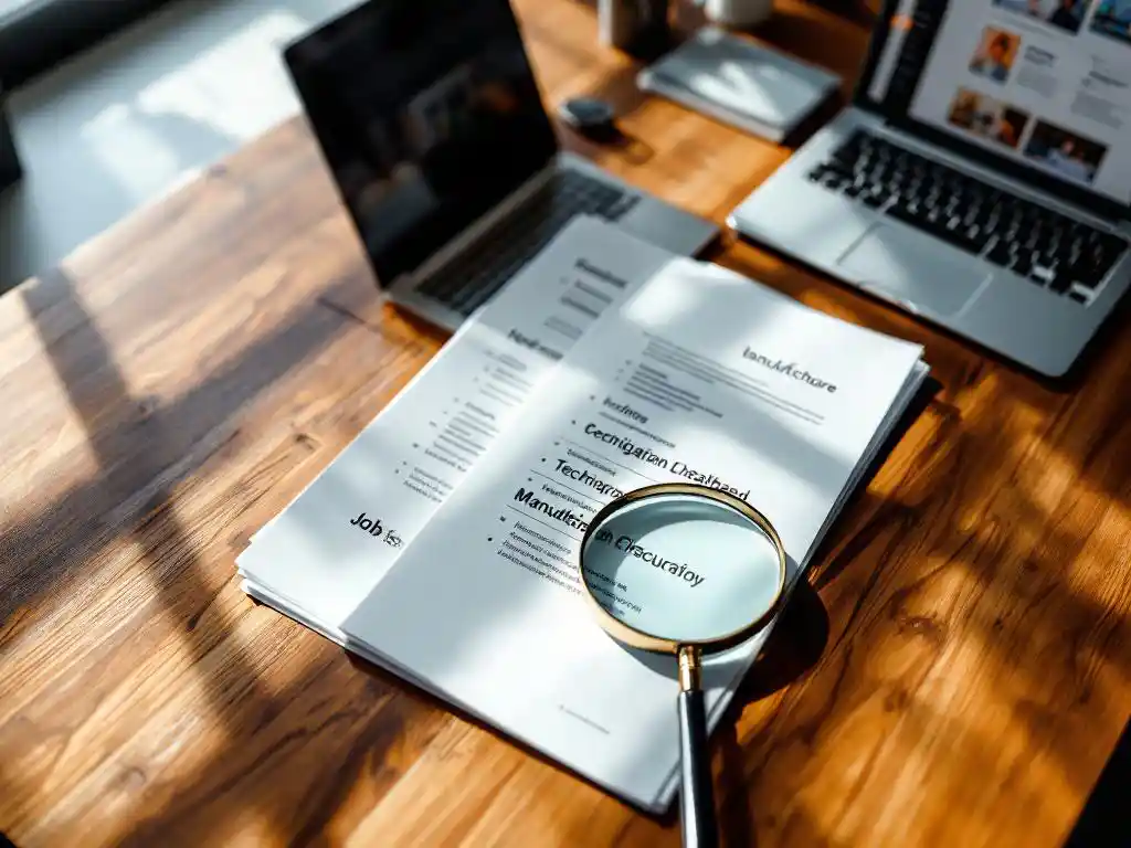 Recruitersdesk met vacaturefolders voor gezondheidszorg, technologie en productie, laptop met kandidaatprofielen