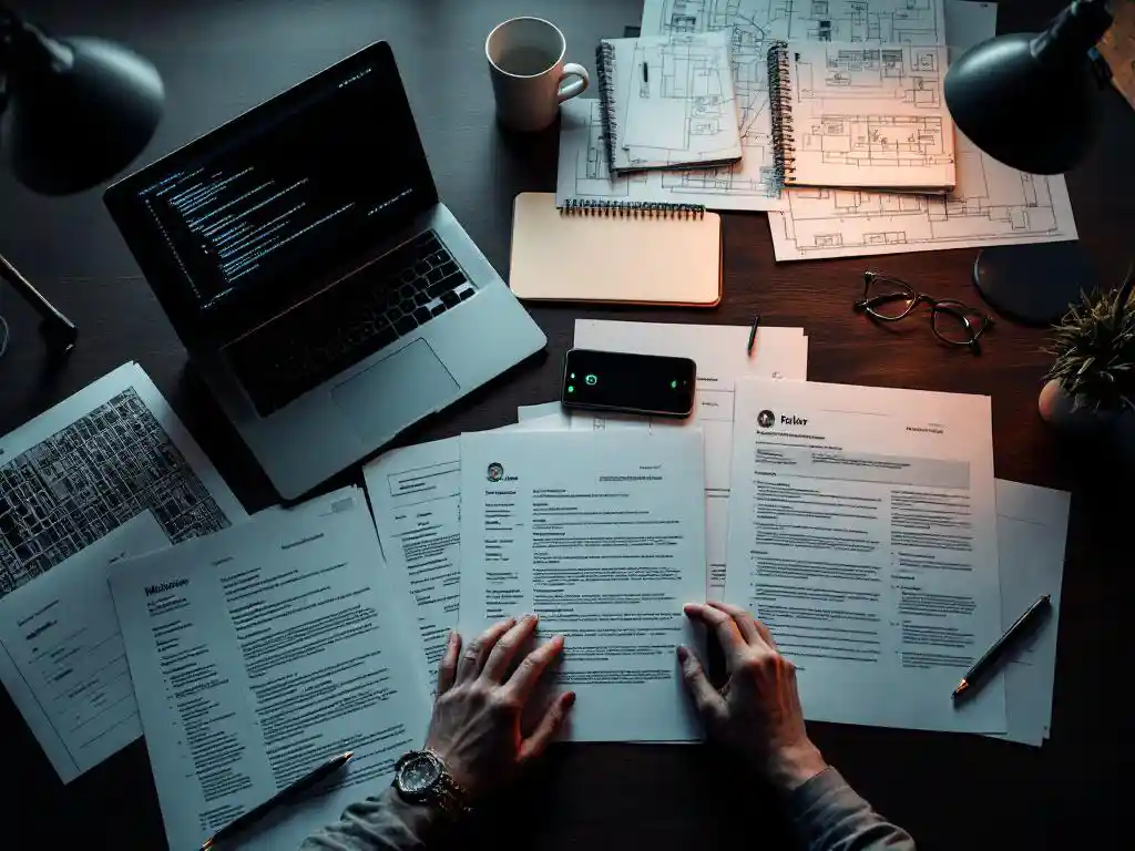 Recruiter werkt aan bureau met cv's, technische vacatures, laptop met code en smartphone met kandidaat-oproepen