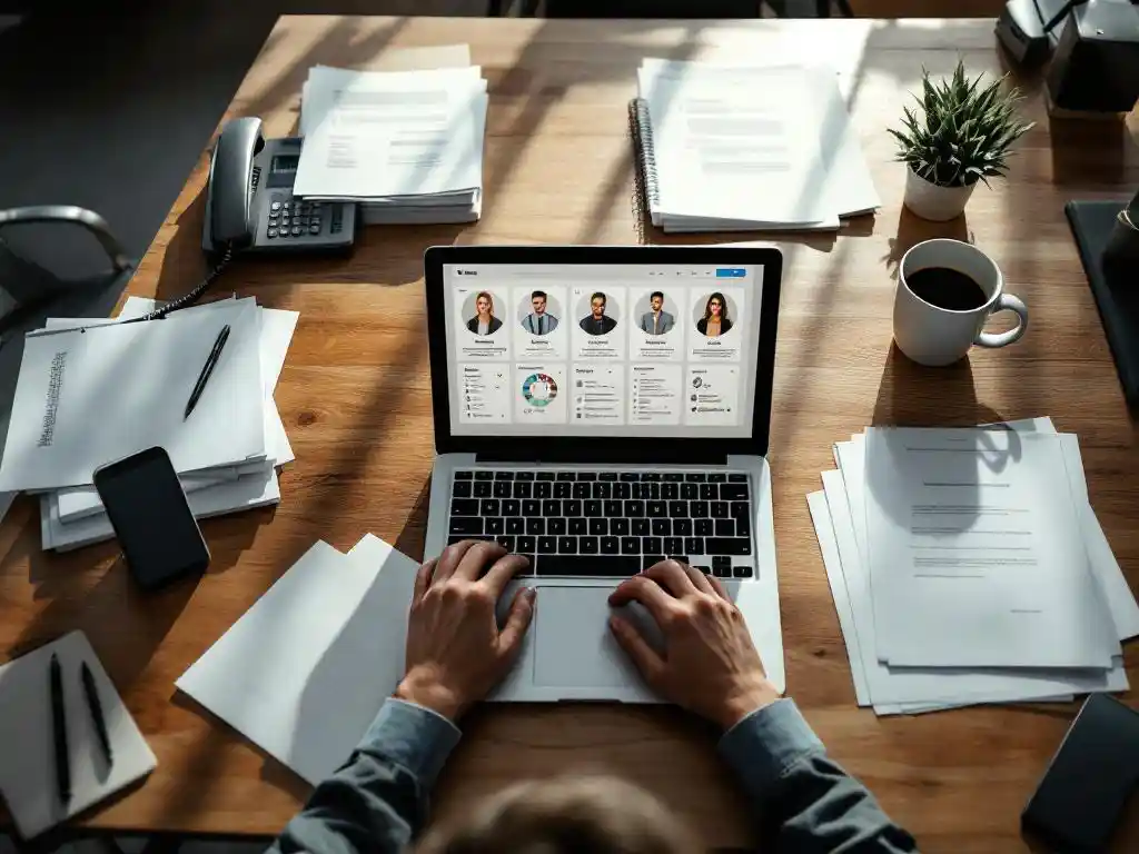 Bovenaanzicht van recruitmentconsultant bureau met laptop, cv's, contracten, telefoon en koffiekopje op houten tafel