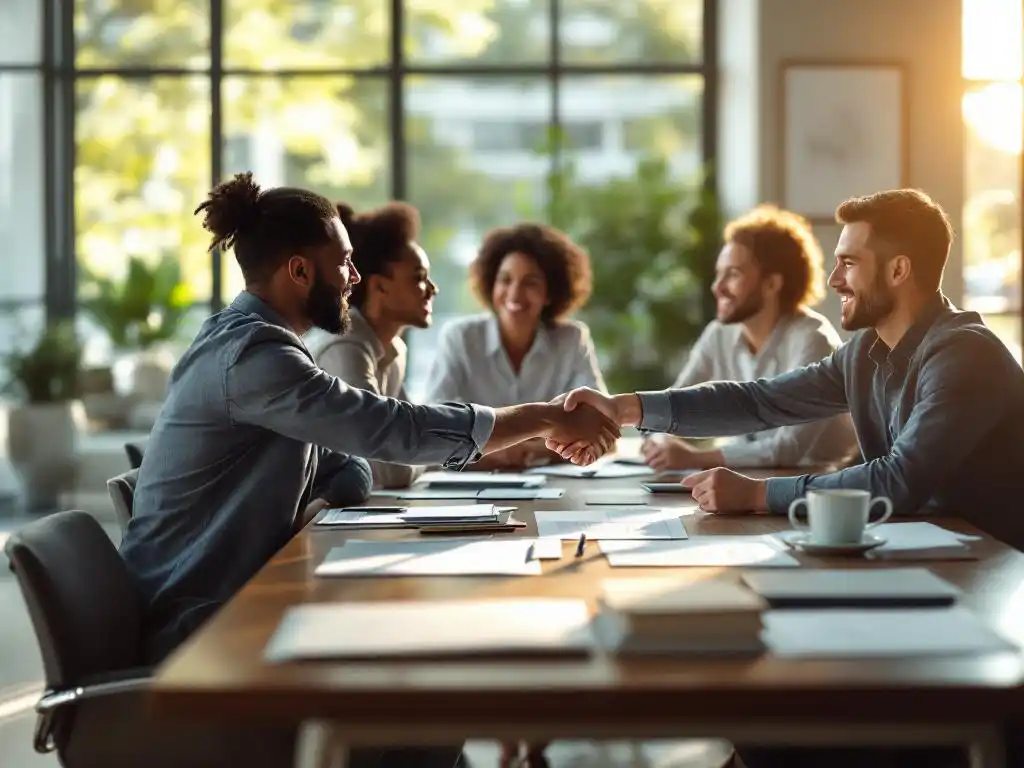 Diverse professionals schudden handen tijdens teamvergadering aan moderne conferentietafel met welkomstmaterialen