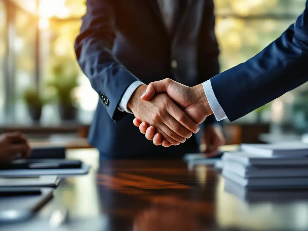 Professionele handdruk tussen recruiter en sollicitant in moderne kantoor vergaderruimte met glazen wanden