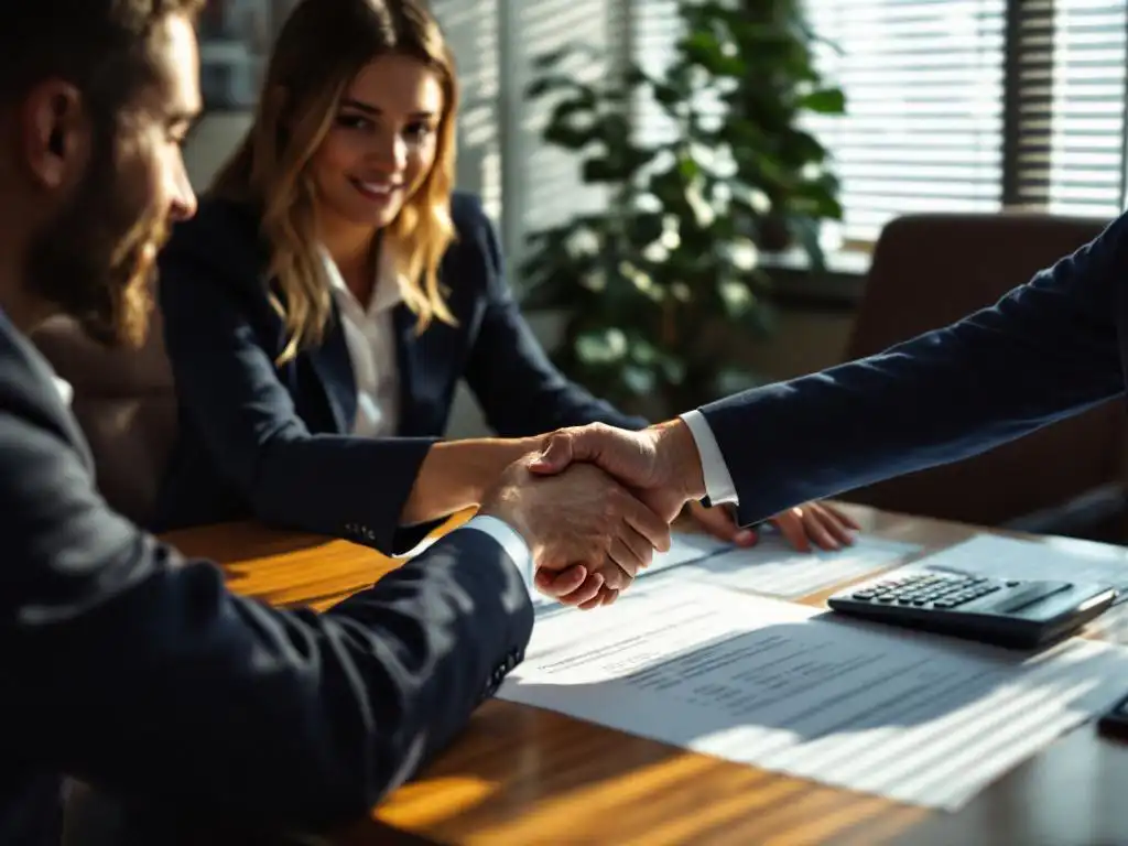 Zakenvrouw en recruiter schudden handen over commissiecontract aan houten bureau in professioneel kantoor