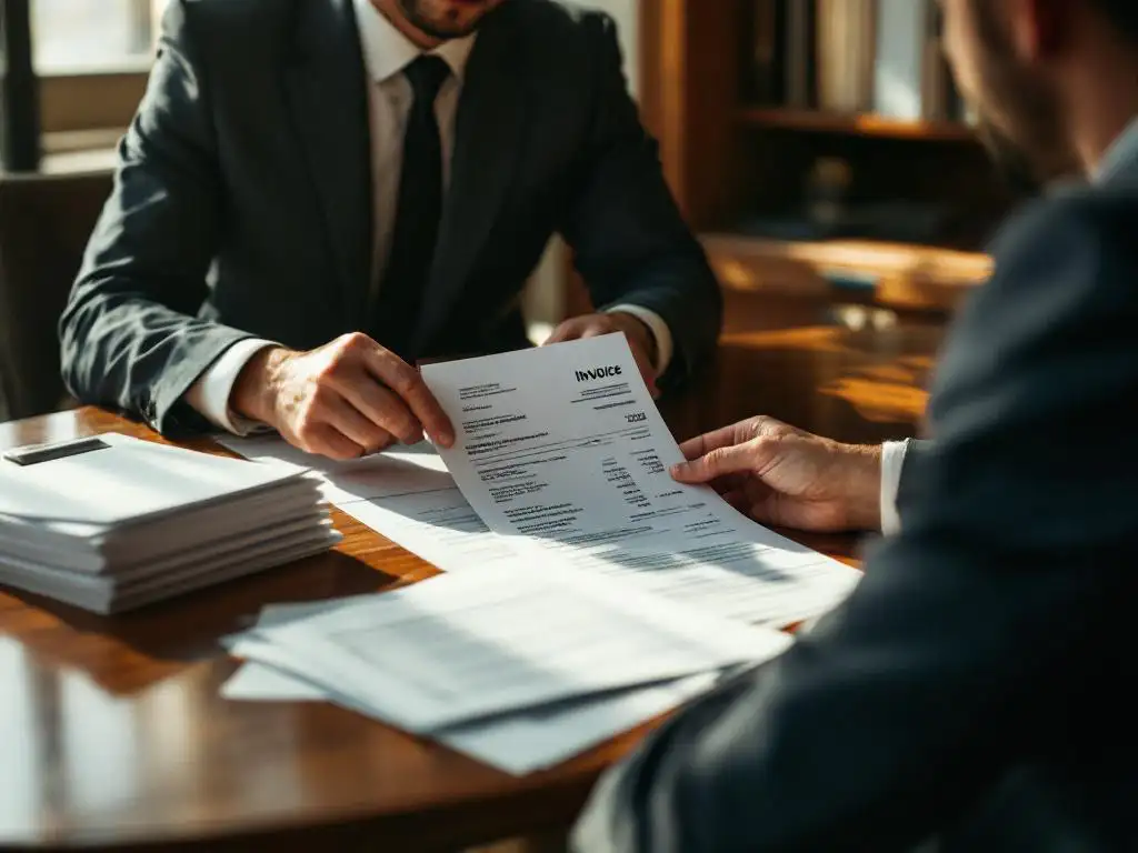 Zakenman bekijkt factuur met personeelsadviseur aan vergadertafel met rekenmachine en arbeidscontracten