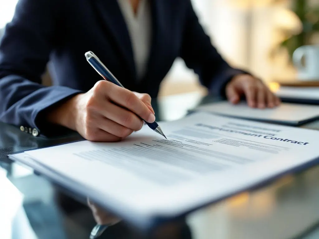 Zakenvrouw in marineblauw pak bekijkt arbeidscontract aan glazen bureau, pen in de hand, uitzendbureau logo zichtbaar