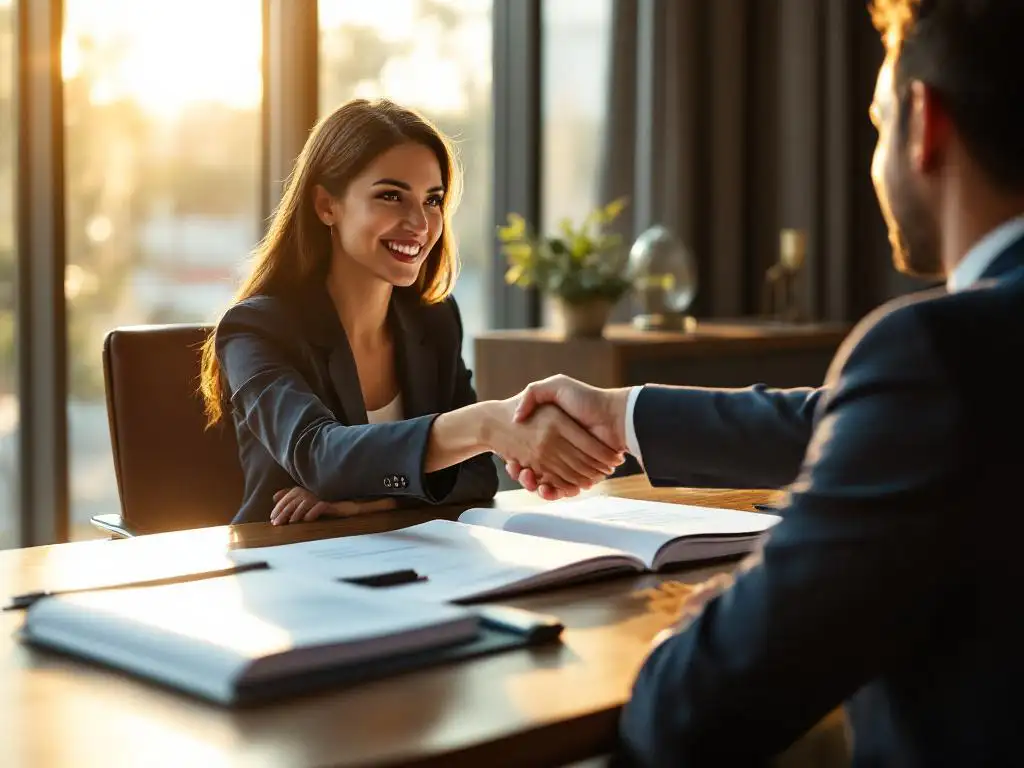 Zakenvrouw schudt handen met recruiter over bureau met sollicitatiefolders, professioneel kantoor met zonlicht