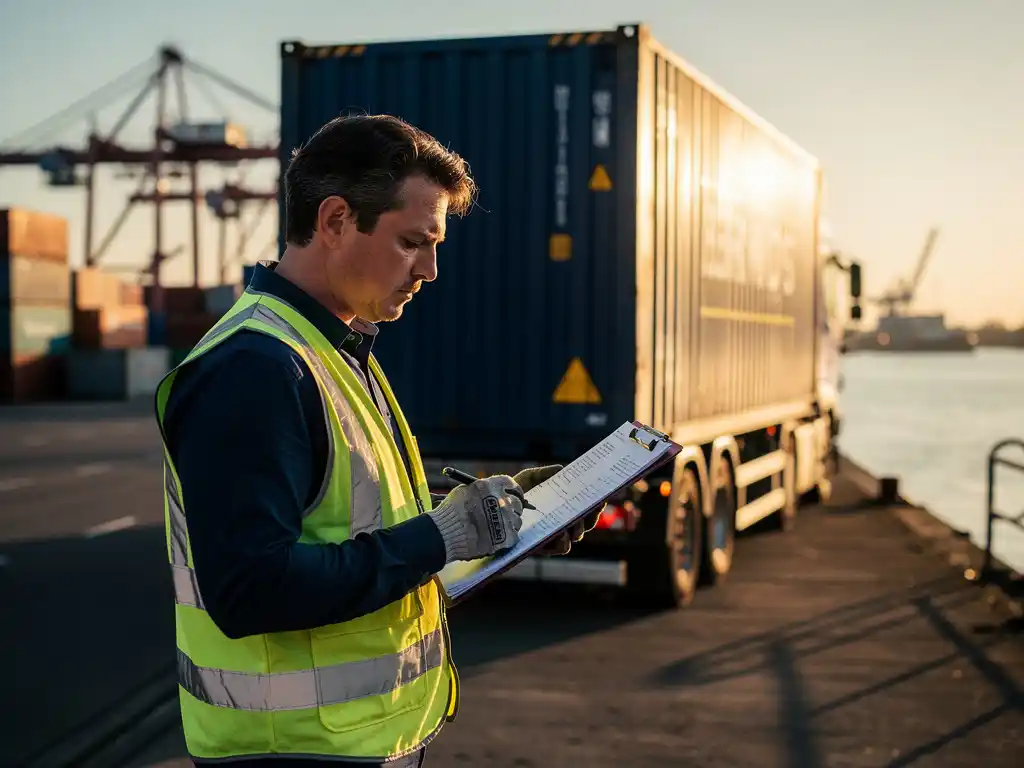 Logistiek medewerker in veiligheidsvest controleert klembord naast vrachtwagen op drukke Nederlandse binnenhaven bij gouden avondlicht.