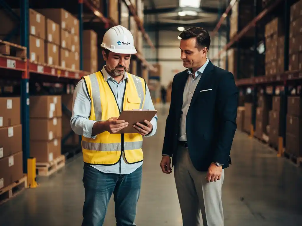Logistiek manager met helm bekijkt klembord op drukke magazijnvloer, recruiter in pak staat ernaast, metalen stellingen op achtergrond.