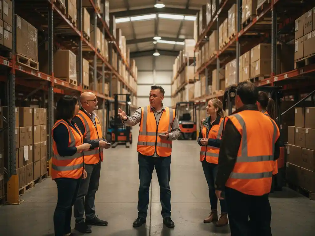 Magazijnmedewerker in oranje veiligheidsvest begeleidt collega's door hoge stellingkasten met dozen, vorkheftrucks op de achtergrond.