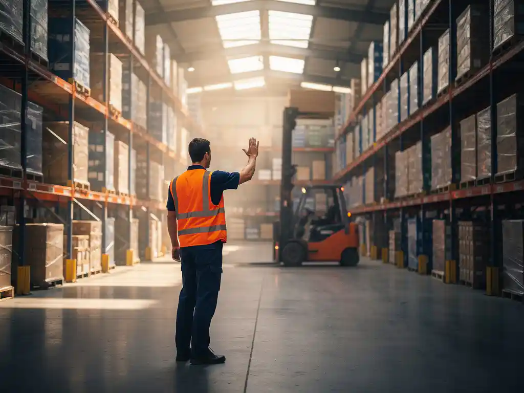 Magazijnmedewerker in veiligheidsvest stuurt een heftruck tussen palletrijen in een logistiek warehouse met daglicht door industriële dakramen.
