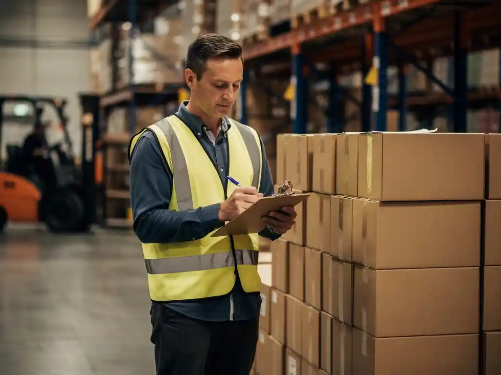 Logistiek medewerker met veiligheidsvest controleert klembord naast gestapelde dozen in een Zuid-Hollands magazijn.