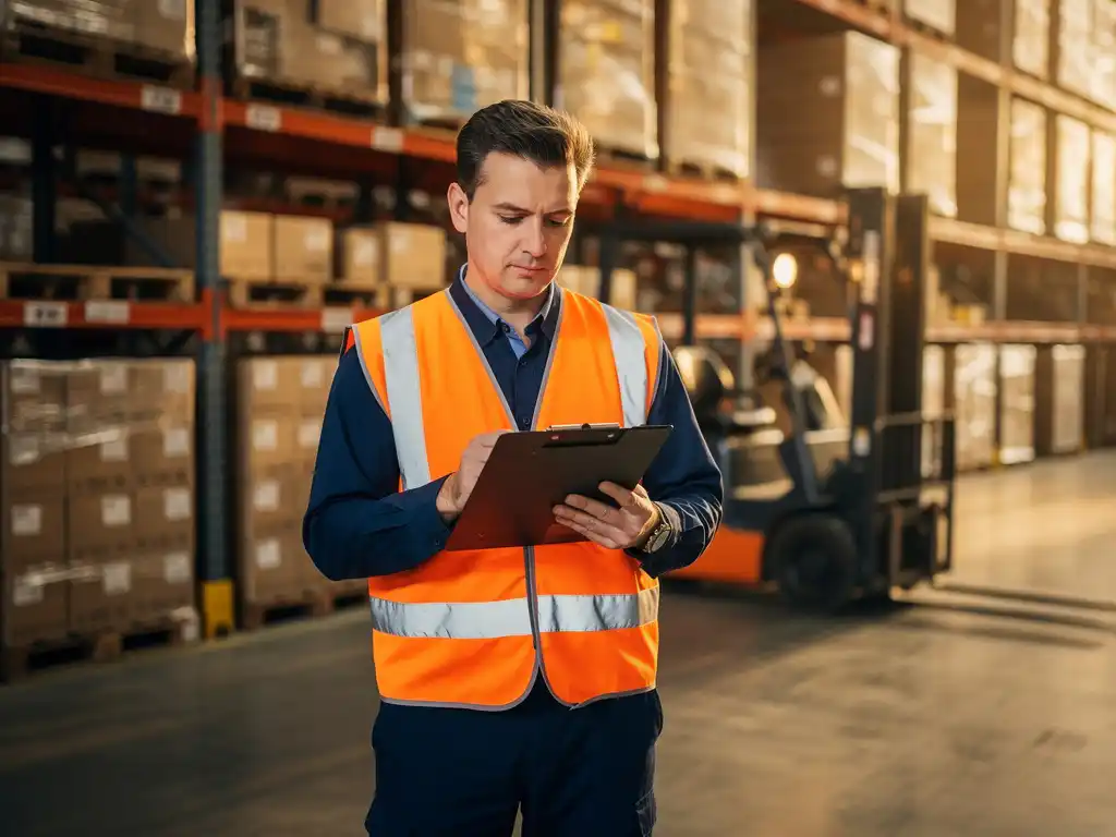 Magazijnmedewerker in veiligheidsvest controleert klembord bij gestapelde pallets in een logistiek bedrijf in de Drechtsteden.