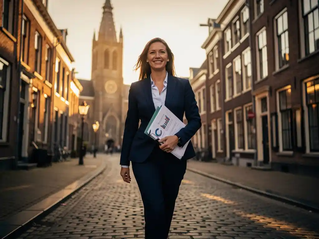 Recruiter met kantoorstukken loopt door de historische Dordtse haven met de Grote Kerk op de achtergrond.