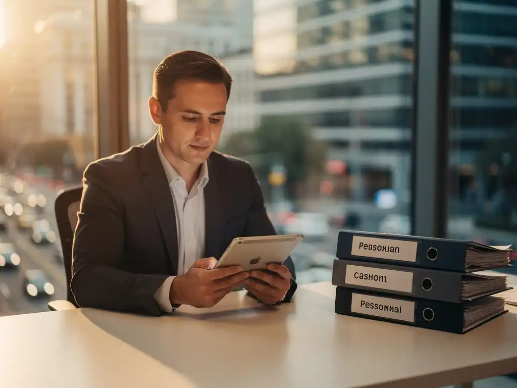 Uitzendbureau-consultant bekijkt tablet aan modern bureau met personeelsmappen, kantoor met stadsuitzicht in warm middaglicht.