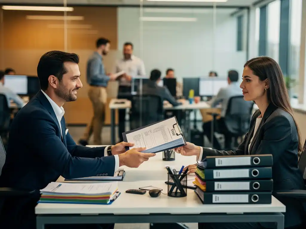 Uitzendbureau manager overhandigt administratieve documenten aan externe specialist, met salarisadministratie en HR-mappen op modern bureau op de voorgrond.