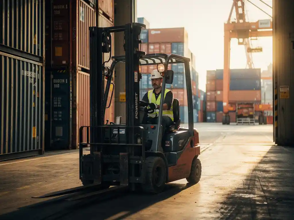 Vorkheftruckchauffeur op laaddok in Drechtsteden-haven, met gestapelde pallets en zeecontainers op achtergrond in middaglicht.