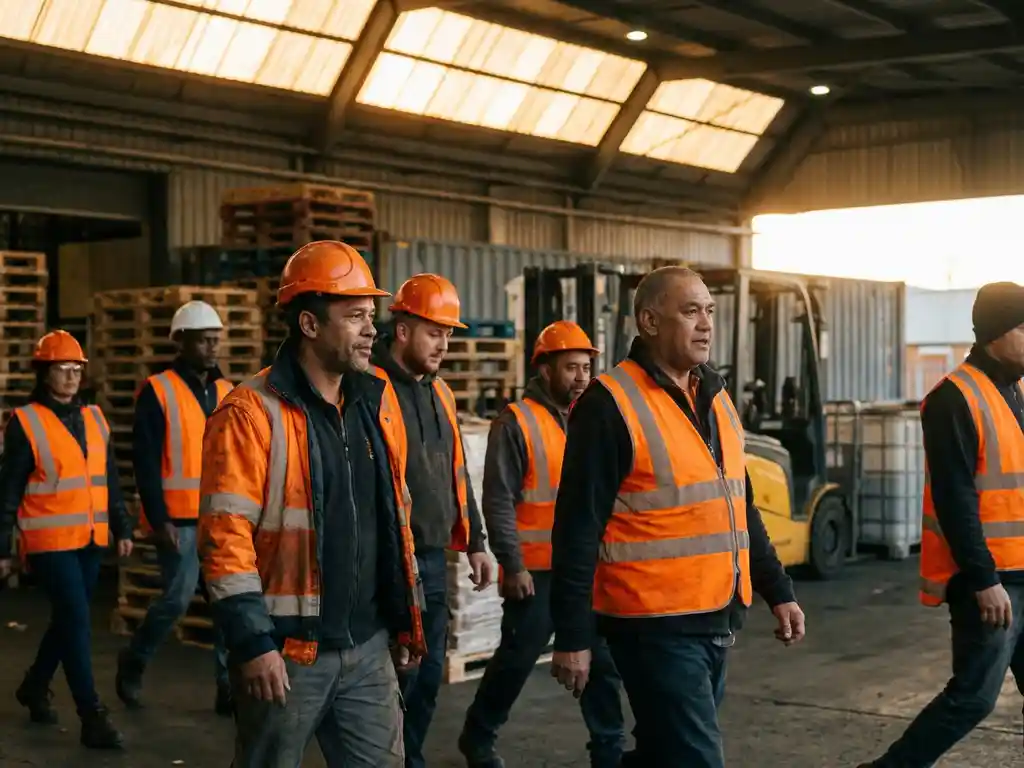 Arbeidsmigranten in oranje veiligheidsvesten lopen door een drukke magazijnlaadzone met pallets en een heftruck op de achtergrond.
