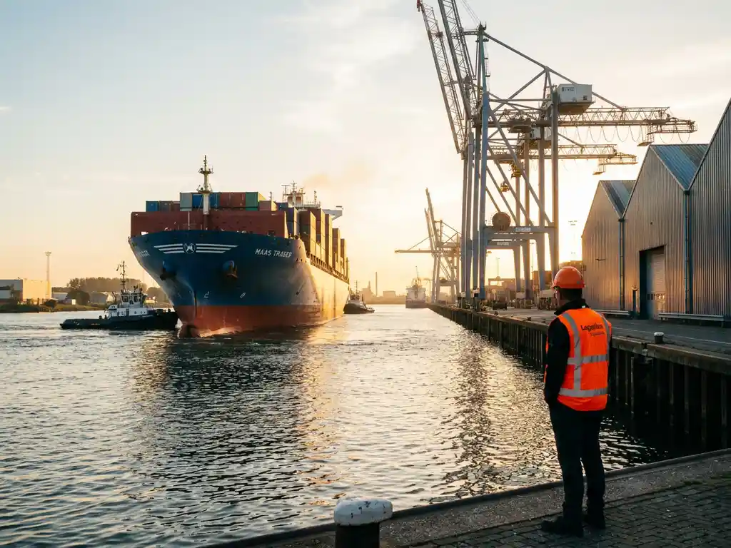 Containerschip vaart haven van Dordrecht binnen, begeleid door havenarbeider in oranje vest op de kade, kranen en gouden Maasreflecties op achtergrond.